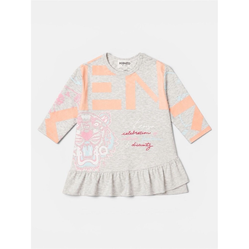 Kenzo Kids Tiger Logo Ruffle Hem Dress Gray Pink Size 24M Long Sleeve Designer